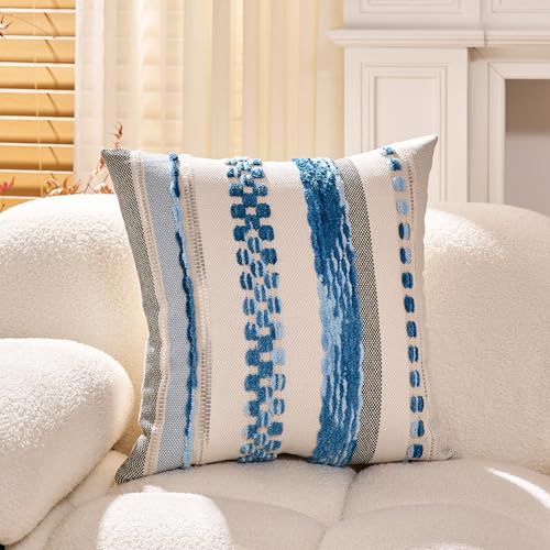 Boho Throw Pillow Covers 18x18 Inch Chenille Striped Textured Pillow Cover Farmhouse Decoration Striped Square Pillowcase for Couch Bed Sofa Bedroom Living Room,Blue(Pack of 1) - color: White-blue Stripe Pack of 1, size: 18" x 18" (Pack of 1)