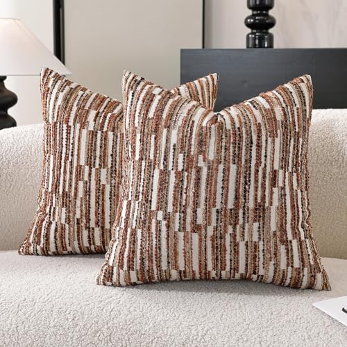 Striped Throw Pillow Covers 20x20 Set of 2 Orange Textured Boucle Chic Morden Boho Accent Farmhouse Decorative Chenille Pillow Covers for Home Decor Bed Sofa Living Room - color: Orange, size: 20" x 20" (Pack of 2)