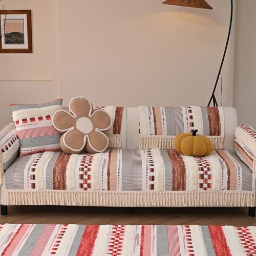 VClife Dog Boho Couch Cover, Washable Furniture Protector, 35.4 x 35.4 in | Tufted Tassel Sofa Cover, Non Slip Woven Geometric Sofa Slipcover, Multi-Size Universal Throw Cover For Couch, Pet Friendly - color: 02# Rust Red Checkered, size: 35.4" x 35.4"