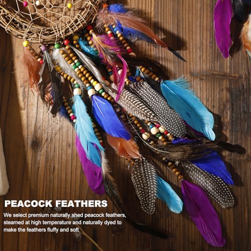 Dream Catcher Native American Boho Dreamcatcher Rattan Wall Decor, Handmade Natural Peacock Feathers Purple Colorful Beaded Hanging Ornament Indian Decor for Girls Bedroom(Purple Peacock Feather) - color: Purple Peacock Feather