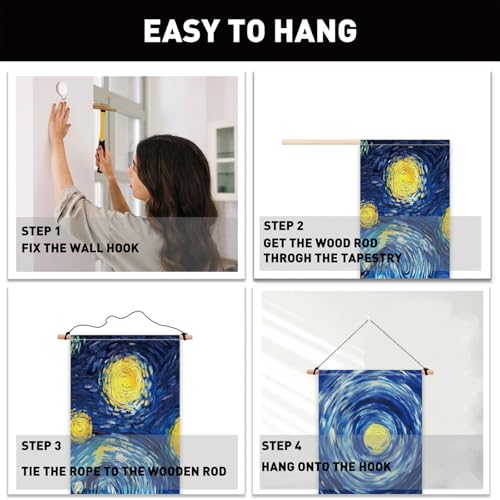 PLIGREAT 2 Pack Starry Night Tapestry with Tassels, Blue Oil Painting Art Wall Hanging Vertical Long Narrow Home Wall Tapestry for Bedroom Living Room Bathroom Dorm, 52" x 13" - color: blue,yellow