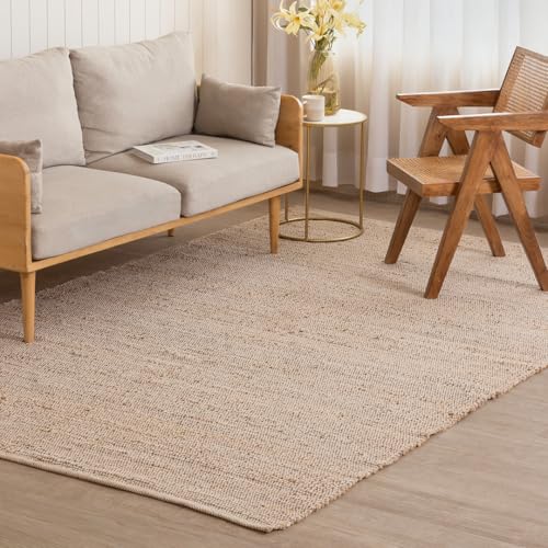 HOMEMONDE Hand Woven Jute Cotton Area Rug 6' x 9' ft Rectangle Natural Farmhouse Rug - Rustic Vintage Boho Decor Rug for Living Room, Bedroom, Dining Room - color: Natural Jute, size: 6' x 9' (Rectangular)
