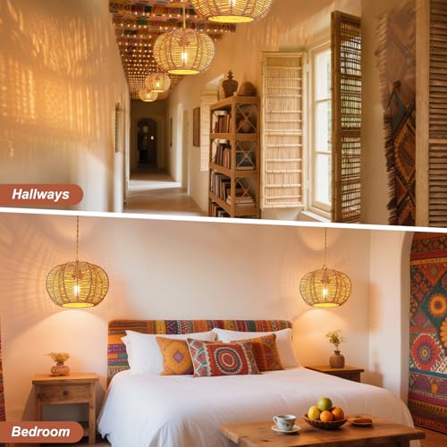 Hanging Lights with Plug in Cord Rattan Hanging Lamp Boho Ceiling Light Fixtures Farmhouse Pendant Lamp Shape for Living Room Bedroom Kitchen - size: 11.8 Inch-Ball Cactus Shade