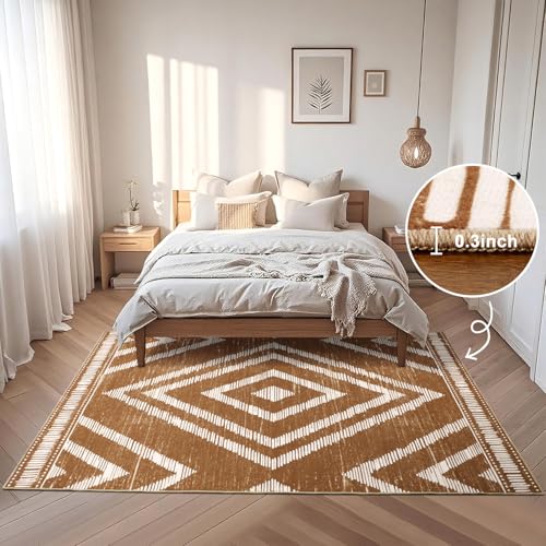 Boho Washable Rugs 5x7ft Non Slip, Low Pile Area Rug for Living Room, Brown Moroccan Bedroom Carpets, Non Shedding Soft Floor Carpet for Dining Room Bathroom Nursery Kitchen Office - color: Brown, size: 5' x 7' (Rectangular)
