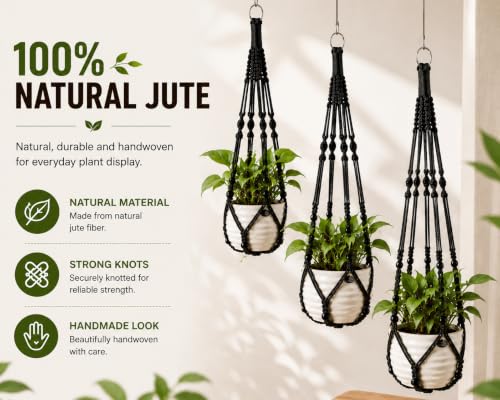 3-Pack Macrame Plant Hanger Indoor - Hanging Planter Basket for Indoor Outdoor - Decorative Boho Plant Holders Set with Beads - Ceiling Flower Pot Holder with 6 Hooks - 35"/30"/24" Black - color: Black