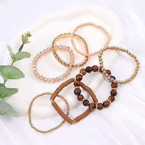 Bohemian Natural Stone Beaded Bracelets for Women Men Stackable Stretch Beads Bracelet Set with Charm and Tassel Multilayered Elastic Gemstone Bracelets Summer Beach Boho Jewelry Gift for Women - color: Brown-1