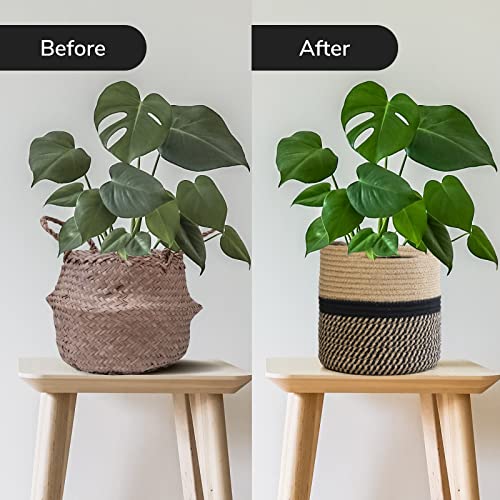 TIMEYARD Sturdy Jute Rope Plant Basket Modern Woven Basket up to 7.5 Inch Flower Pot Floor Indoor Planters, 8” x 8” Storage Organizer Baskets Rustic Home Decor, Black Stripes - color: Black and Jute, size: 8" x 8"