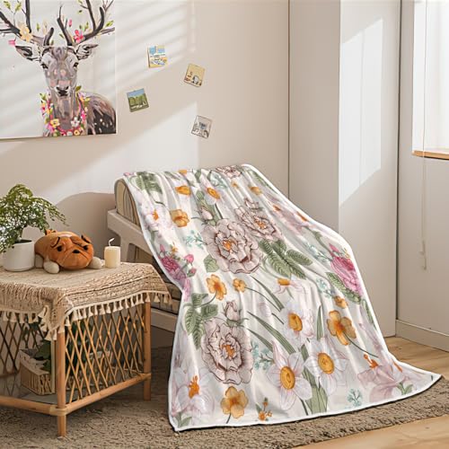 Botanical Floral Blankets Pink Floral Throw Blanket, Soft, Flannel, Warm, Spring Watercolor Floral Throw Blankets, Boho Flowers Aesthetic Bed Throws for Couch Bedroom Living Room 60X80 Inch - color: Pink-1, size: 60 X 80