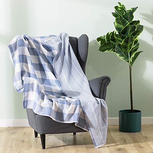 Cotton Muslin Throw Blanket with Buffalo Check Pattern, Vintage Indoor and Outdoor Use, Reversible and Breathable Fabric for Yard Picnics, 47" x 60" Bedding or Chair Cover, Blue - color: Root={'value': "['Blue']"}, size: \'Travel (47" x 60")\'