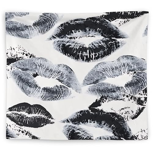WNAGT Trendy Black and White Kiss Lips Tapestry Wall Hanging, Funky Makeup Wall Decor, Fashion Aesthetic Wall Blanket Decor for Girls Room College Dorm Makeup Room Beauty Room, 50x60 Inch - color: black