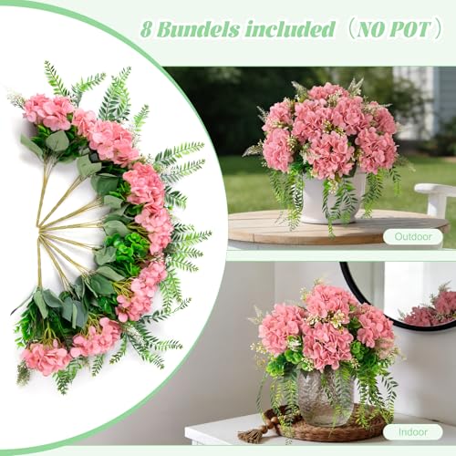 Ammyoo 8 Pcs Artificial Hydrangea Flowers Silk Champagne Fake Flower with Eucalyptus for Outdoor Decorations UV Resistant Realistic Faux Plants for Garden Porch Window Box Indoor Table Decor - color: Champagne