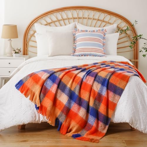 Battilo Fall Orange Plaid Throw Blanket for Couch, Colorful Mohair Tartan Plaid Blanket, Farmhouse Style Throw Blankets for Fall Home Decor(50"x60") - color: Multi Orange