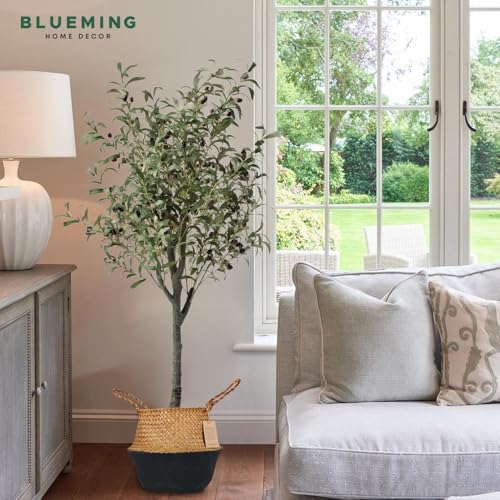 Blueming Large Seagrass Planter Basket – Wicker Planter Pot for Olive Trees, Faux Plants, or Snake Plant, Woven Rattan Planters for Modern Home Decor (Black Bottom, Large) - color: Black Brown, size: Large