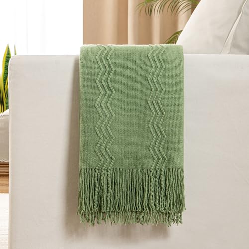 MIULEE Sage Green Knitted Throw Blanket for Couch Textured Spring Knit Blanket with Tassels Cozy Woven Boho Bed Blanket for Sofa Bed Chair Acrylic Wave Pattern 50"x60" - color: Sage Green, size: 50" x 60"