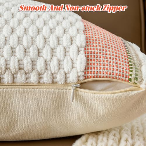 AmHoo Chenille Striped Textured Boho Throw Pillow Covers Aesthetic with Tassels Woven Decorative Pillow Case for Couch Bed Sofa Bedroom Modern Funky 18 x 18-Inch White Orange - color: White Orange, size: 18" x 18" (Pack of 1)