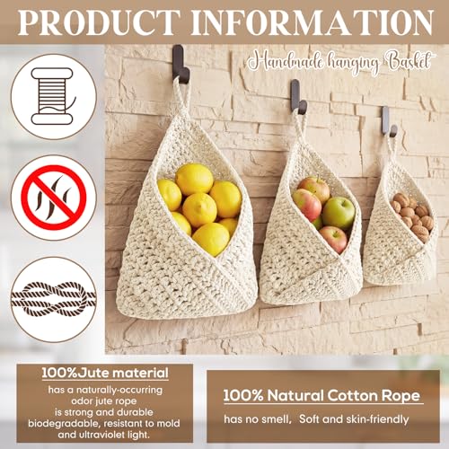 Honeydak Boho Decor Hanging Wall Baskets for Kitchen 3 Pack Teardrop Baskets with Hooks Storage Fruit Onion Vegetable Potato for Home 3 Sizes (White,Triangle,Cotton Rope) - color: White, size: Cotton Rope, style: Triangle
