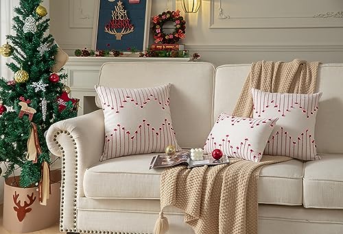 Caflife Boho Christmas Throw Pillow Covers 18x18 Set of 2, Christmas Decorations Pillow Covers Beige with Red Line for Modern Farmhouse Couch Sofa Bedroom Living Room Outdoor - color: Red Beige, size: 18" x 18" (Pack of 2)