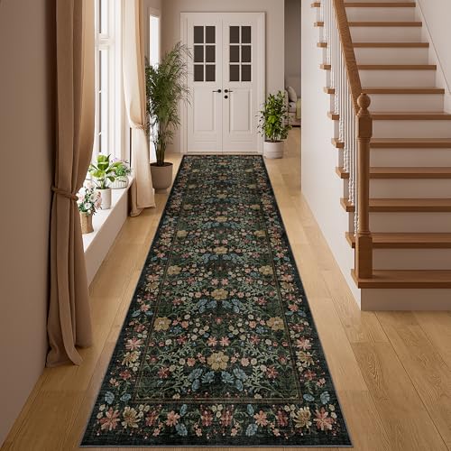 DUKINO 3x10 Kitchen Runner Rug, Washable Vintage Non Slip Floral Rug for Hallway, Lightweight & Low Pile Soft Throw Carpet for Entryway, Kitchen, Bathroom, Laundry, Bedroom, Black - color: Black, size: 3' x 10' (Rectangular)
