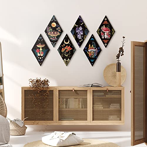 Sintuff 6 Pieces Gothic Wall Decor Boho Sun Moon Phases Wall Art Gothic Minimalist Stars Sun Hanging Wooden Home Decor Farmhouse Pediments for Gallery Living Bedroom Room(Mushroom) - style: Mushroom