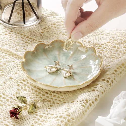 Lotus Ring Holder Dish Small Indoor Ash Tray, Ceramic Dessert Plate Trinket Jewelry Holder Organizing Necklace Earrings for Parents Friends Sister, Light Green. All Jewelries Are NOT Included. - color: Jade Green