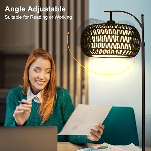 ZECOXOL Arc Floor Lamp with 3 Color Temperatures,Black Floor Lamp with Remote Control, Boho Standing Lamp with Rattan Wicker Shades, Farmhouse Tall Pole Lamp for Living Room Bedroom - color: black-Straight, size: 12.2 inch