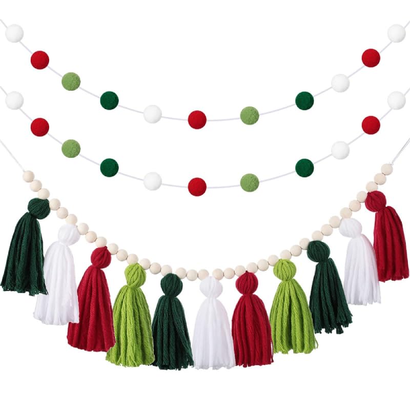 3PCS/Set Boho Tassel Garland,BetterJonny Boho Tassel Garland Wall Hanging Decor Pastel Banner with Wood Beads and 2Pcs Pom Pom Felt Ball for Home and Outdoor Decor - color: Style -3