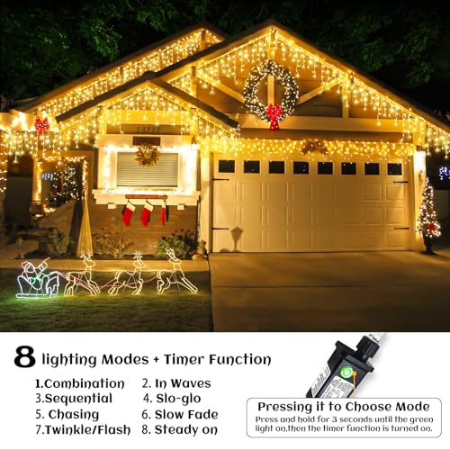 66ft Icicle Lights for Outside - 640 LED Christmas Lights Outdoor with 120 Drops 8 Modes, Plug in Twinkle Light Outside for Holiday Wedding Party Tree Room Indoor Thanksgiving Decoration, Warm White - color: Warm White, size: 640LED/66ft