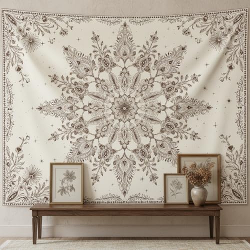 Accnicc Boho Floral Mandala Tapestry Wall Hanging Bohemian Beige Flower Tapestry Aesthetic Hippie Indian Large Tapestries for Bedroom Living Room Dorm Decor 80 x 60 Inch - color: Beige White, size: 80"L x 60"W