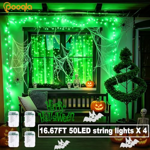 Pooqla 4 Pack String Lights Battery Operated, Total 66.6ft 200 LED Fairy Lights Indoor Outdoor Decorations, 8 Modes Green Battery Christmas Lights for ST Patrick's Day Halloween Porch Party Yard Decor - color: Green, size: 50 LED x4