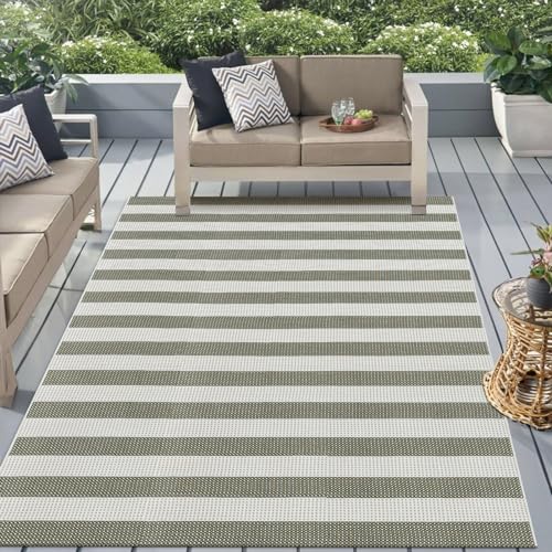 Green and White Striped Outdoor Rug 5x7, Washable Cotton Woven Patio Rug, Reversible Foldable Front Porch Decor Indoor Outdoor Rugs for Farmhouse/Living Room - color: Green, size: 5'x7'