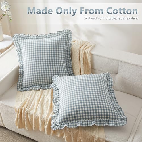 KKJIAF Ruffle Gingham Pillow Covers 18 x 18 Inches, Cotton Gingham Pillow Cases Set of 2, Linen Feel Ruffled Plaid Pillow Shams with Envelope Closure for Sofa Bed (Dusty Blue Plaid) - color: Dusty Blue Plaid, size: 18" x 18" (Pack of 2)