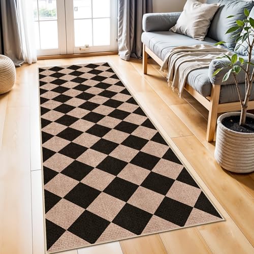 2x6 Jute Woven Runner Rug: Non-Slip Backing Diamond Pattern - Easy Clean Carpet for Hallway Kitchen - Washable Thin Indoor Rugs for High Traffic Areas Farmhouse Home Decor (Black/Brown,2x6) - color: Black/Brown, size: 2' x 6' (Rectangular)
