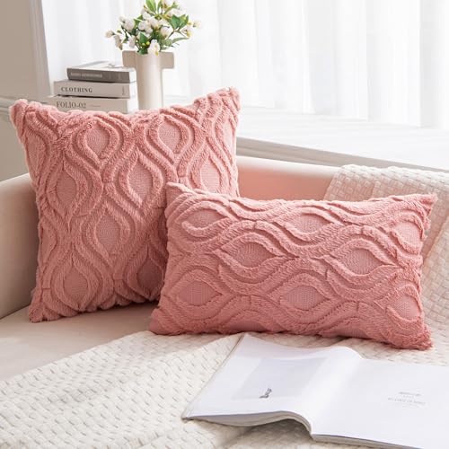 MIULEE Coral Red Throw Pillow Covers 18x18 Inch, Soft Winter Plush Faux Wool Couch Pillow Covers Set of 2 Decorative Farmhouse Boho Throw Pillows for Sofa Living Room Bed - color: Coral Red, size: 18" x 18" (Pack of 2)