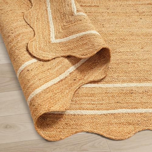 GRUHUM Jute Area Rug 4'x6' ft Wave Scalloped Natural Ivory Border Handwoven Boho Reversible Rustic Vintage Farmhouse Soft Braided EcoFriendly Rug - Indoor Livingroom Kitchen Hallways Entryway 4x6 ft - color: Natural - Ivory Border, size: 4' x 6' (Rectangu
