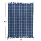 Creative Co-Op Recycled Cotton Blend Throw Blanket with Fringe, Blue Plaid - color: Blue, size: One Size