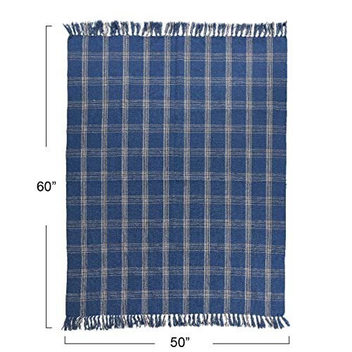 Creative Co-Op Recycled Cotton Blend Throw Blanket with Fringe, Blue Plaid - color: Blue, size: One Size