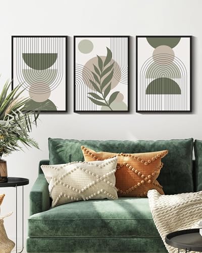 Drsoum 11x14in Boho Wall Art Green Sage Decor Framed Wood Modern Bohemian Abstract Geometry Canvas Prints Ready to Hang - Black Framed - color: green boho decor, Black Framed, size: 11" x 14"
