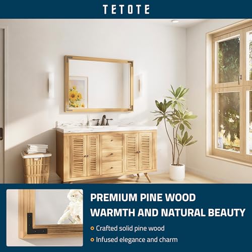 TETOTE 40 x 30 Natural Wood Mirror for Bathroom Wall/Bedroom/Living Room/Entryway Farmhouse Rustic Bathroom Vanity Mirror Waterproof (Horizontal/Vertical Mounted) - color: Wood, size: 30"L x 40"W