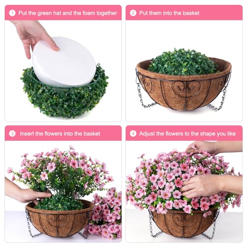 HyeFlora Artificial Fake Hanging Plants Flowers with Basket Outdoor Spring Decor, Faux Silk Pink Daisy in Pot Planter Realistic UV Resistant for Porch Home Indoor Patio Balcony Garden Yard - color: Pink