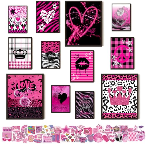 KBKBART Mcbling Y2k Room Decor Aesthetic, 12 Pcs Trashy Y2k Posters and 50 Pcs Y2k Sticker for Teen Girl's Bedroom, Early 2000s Room Decor, Hot Pink Wall Art Aesthetic Pictures, Emo Baddie Prints Wall Collage for Dorm Bedroom Apartment Decor (UNFRAMED) -