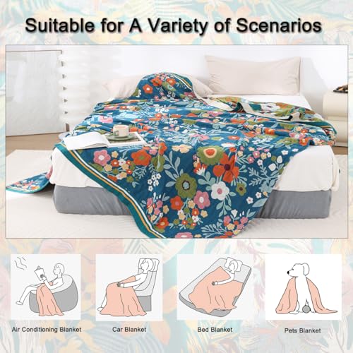 Boho Throw Blanket 60"x80", 100% Cotton Muslin Blankets for Couch Bed Sofa Chair, 4-Layer Soft Cozy Quilt Travel Blanket with Floral, Farmhouse Decor,All Seasons(Blue) - color: Blue Flowers
