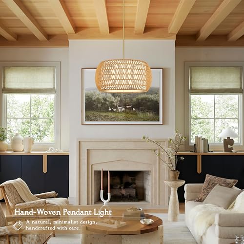 23 inch Natural 5 Light Rattan Chandelier Rattan Farmhouse Light Fixture Woven Pendant Lights Fabric Shade Boho Chandelier for Kitchen Dinning Room - color: 23"-Natural-Drum