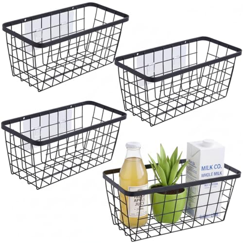 4 set Hanging Wall Basket Organizer,Over the Cabinet Door Wire Baskets for Organizing -Space-Saving Hanging Baskets for Organizing,Wall Mount Storage,No Drilling Adhesive Wall Storage Basket, Black - color: Black-New, size: 4 PACK
