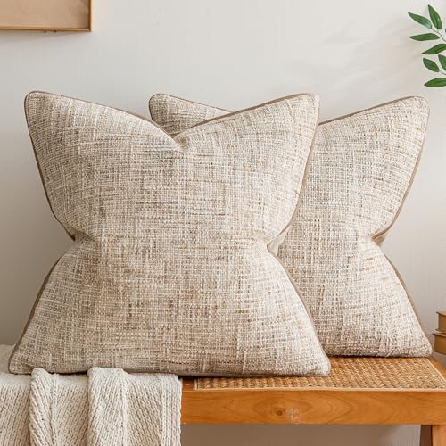 a moment Khaki Reversible Pillow Covers 2 Pack - Farmhouse Chenille Throw Pillows, Neutral Textured Decorative Throw Pillow Covers with Border for Couch Sofa Bed (18x18 Inch, No Insert) - color: Khaki, size: 18" x 18" (Pack of 2)