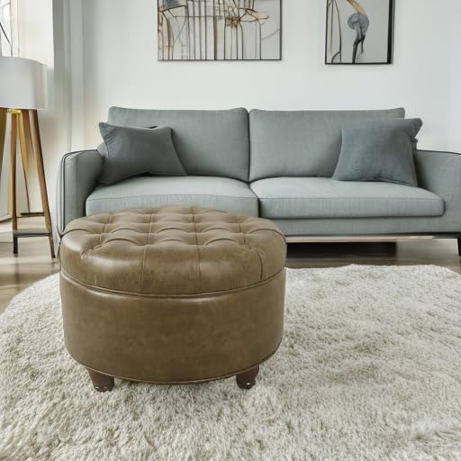 HomePop 25" Button Tufted Round Storage Ottoman - Brown Faux Leather - color: Light Brown
