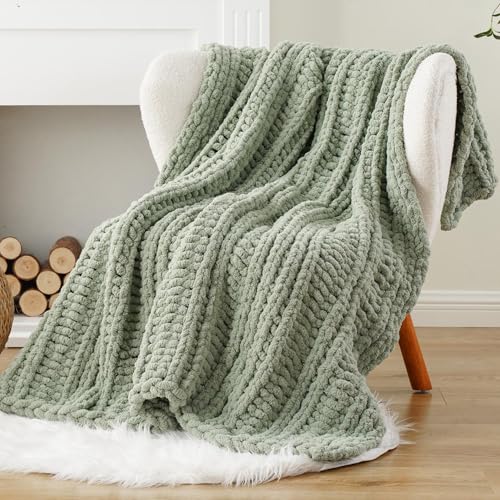 Battilo Chunky Knit Throw Blanket for Couch, Hand Made Chenille Throw Blanket, Super Soft Warm Cozy Sage Green Blanket for Bed, Sofa, Living Room, 50"x60" - color: Sage Green