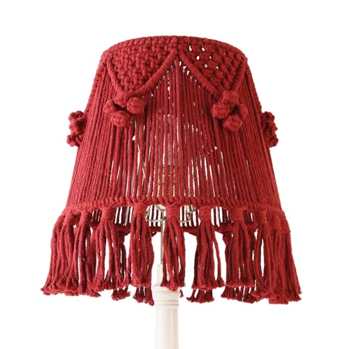 Wine Red Boho Woven Lamp Shade Bell Tassels Lampshade 7.5``Top x 12``Bottom x 11``High(Spider) Medium Handmade Lamp Shades for Table & Bedside Lamp - Easy Assemble - color: Red, size: Medium (7.5" Top x 12" Bottom x 11" High)
