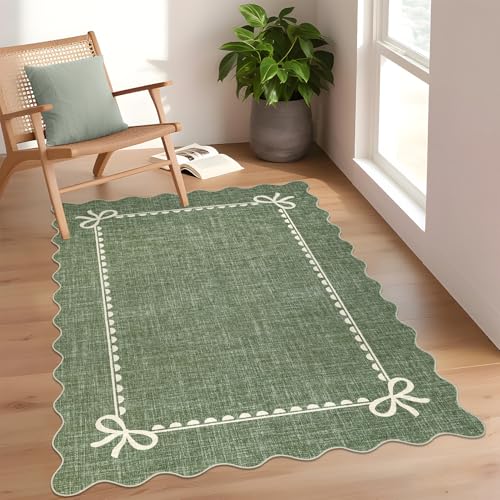 GarveeHome Scalloped Bow Rug for Living Room, Solid Green Rug for Dorm, Washable Rugs 3x5 Soft Low Pile Non Slip Scalloped Rugs for Nursery College Bedroom Decor Kids Room Playroom - color: Green, size: 3' x 5' (Rectangular)