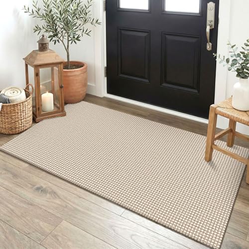EARTHALL Woven Runner Rug 2x4 Ft Washable Runners for Hallways Cotton Non Slip Eentryway Runner Braided Indoor Floor Carpet for Kitchen, Hallway, Kitchen, Doormat, Beige/Ivory - color: Beige/Ivory, size: 2' x 4' (Runner)