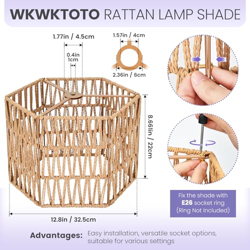 Rattan Lamp Shades, Large Lamp Shades for Table Lamps, Boho Lampshades for Floor Lamps, 12.8"Natural Wicher Shade Replacement, Assembly Required